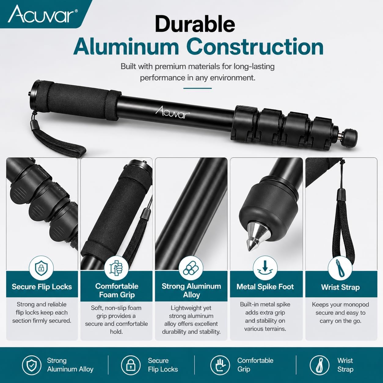 Acuvar 62 Inch Photography Monopod with Safety Strap – Lightweight Aluminum Camera Monopod for Travel & Outdoor Shooting