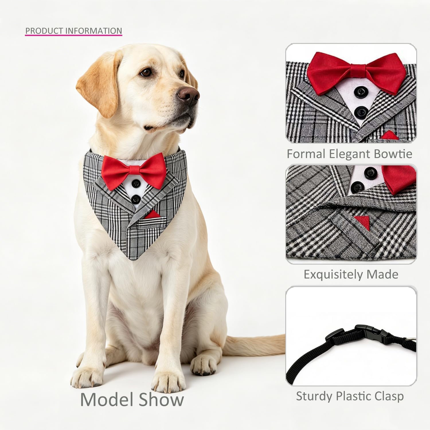 Dog Tuxedo Costumes Wedding Outfit, Gray Stripped Bandana with Red Bowtie, Fashion Dogs Tux Suit Collar (L)