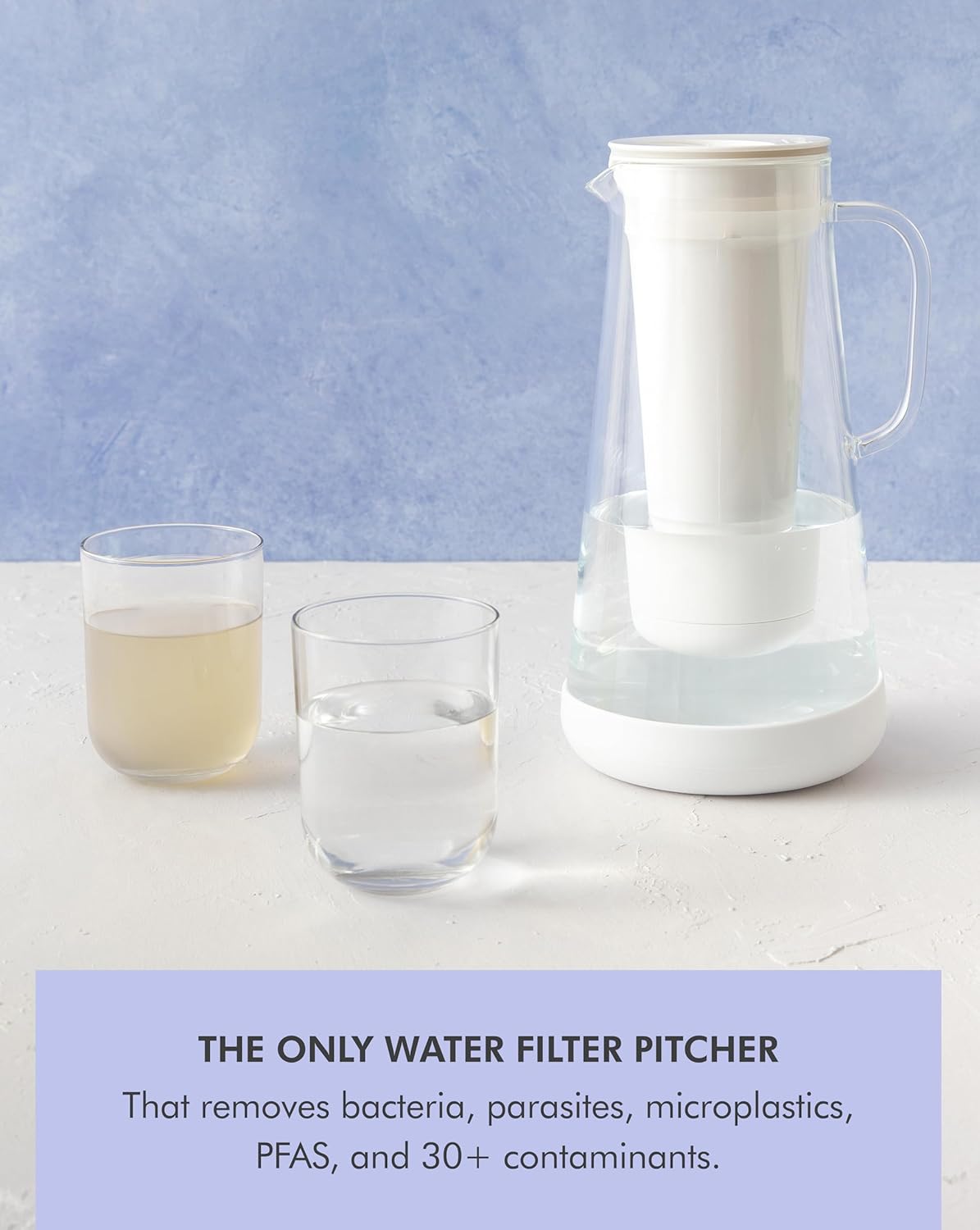 LifeStraw Home– Water Filter Pitcher, 7-Cup, Glass with Silicone Base, Stormy Blue, for Everyday Protection Against Bacteria, parasites, microplastics, Lead, Mercury, PFAS and a Variety of Chemicals