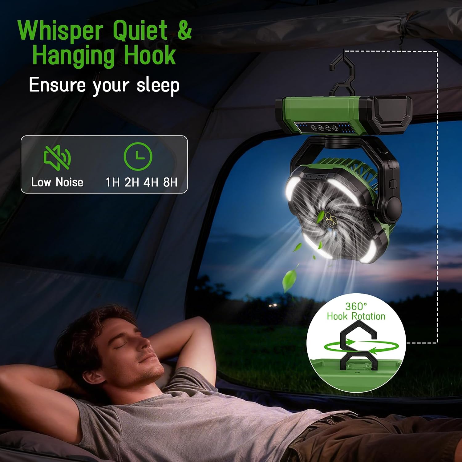 UUYEE Camping Fan Rechargeable, Battery Powered Fans - Green