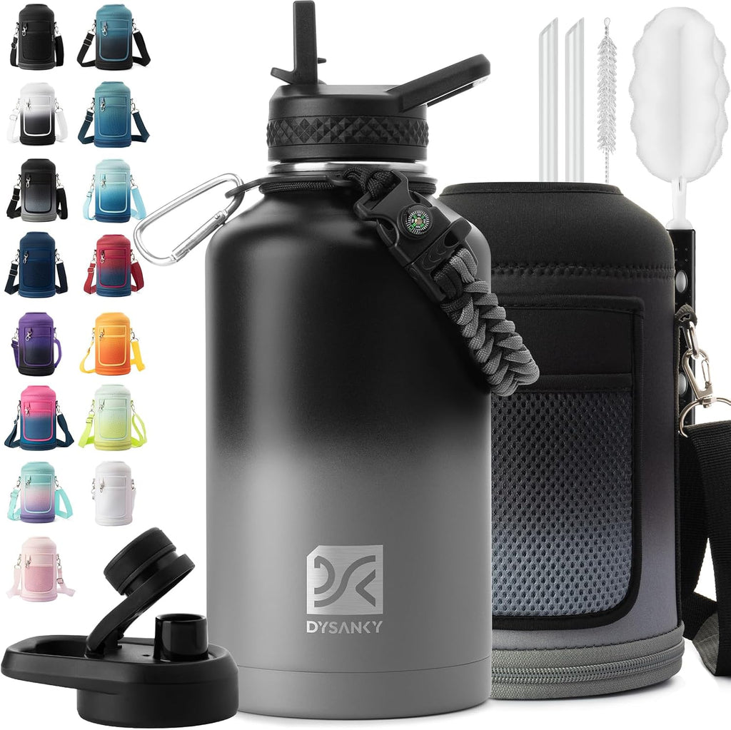 DYSANKY Insulated Water Bottle w/Straw Lid & Portable Carrier Bag, 64oz