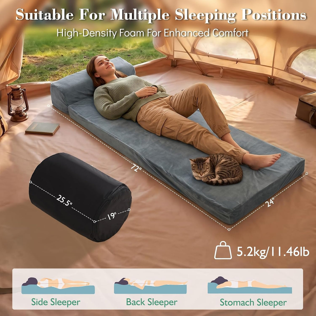 Thick Foam Camping Sleeping Pad, Soft Sleeping Mat, Double Side Fluff Camping Cot Pads for Adult, Non-Slip Roll up Camping Cot Mattress Topper for Camp Cot/Rv Bunk/Narrow Twin Beds, Pad Only