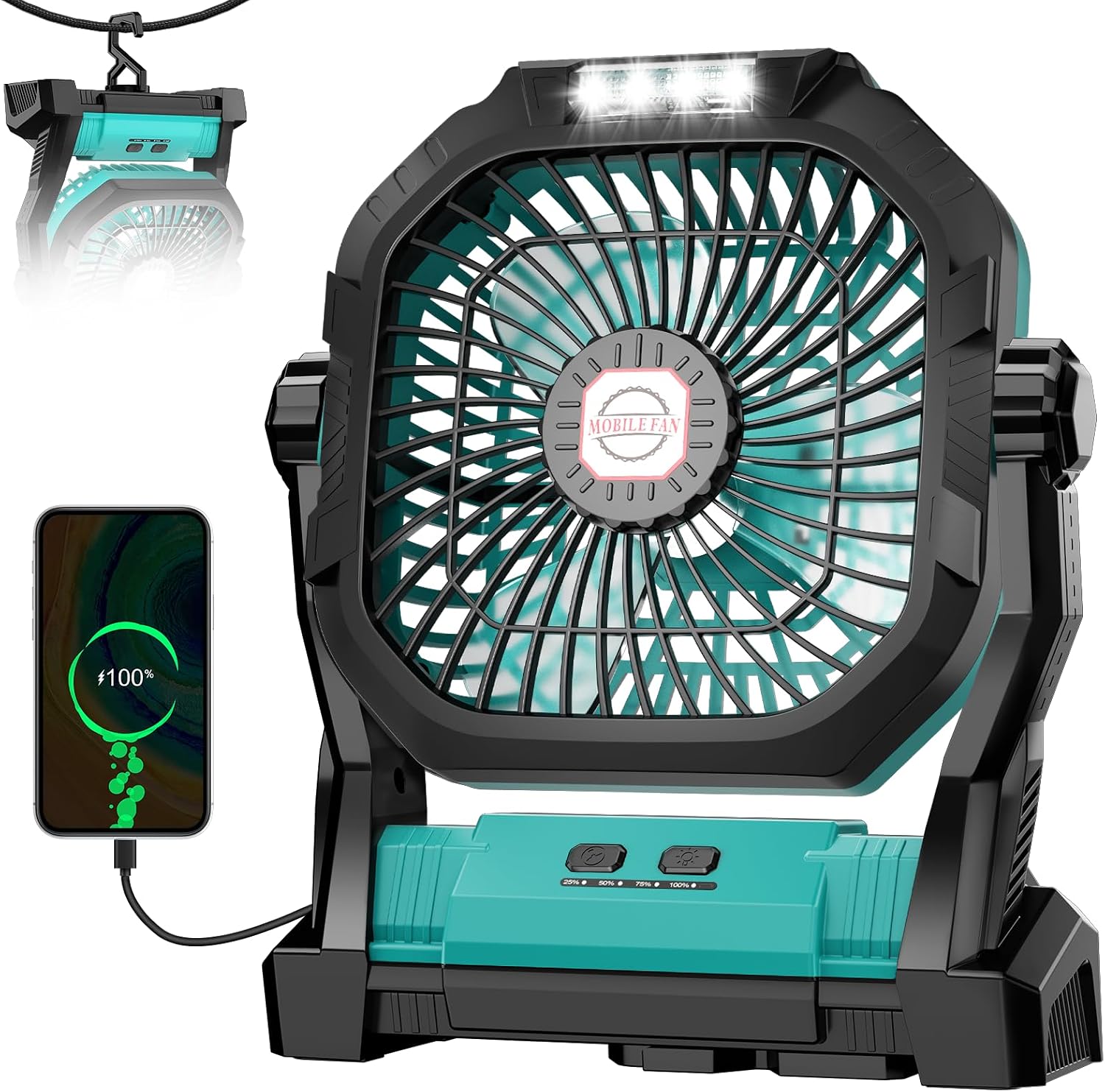 Camping Fan Rechargeable, 20000mAh Battery Powered Portable Fan with LED Light, 4-Speed 180° Adjustable, Camping Essentials for Tent, Travel, Car, Outdoor, Indoor, BBQ, Fishing, Jobsite - Blue