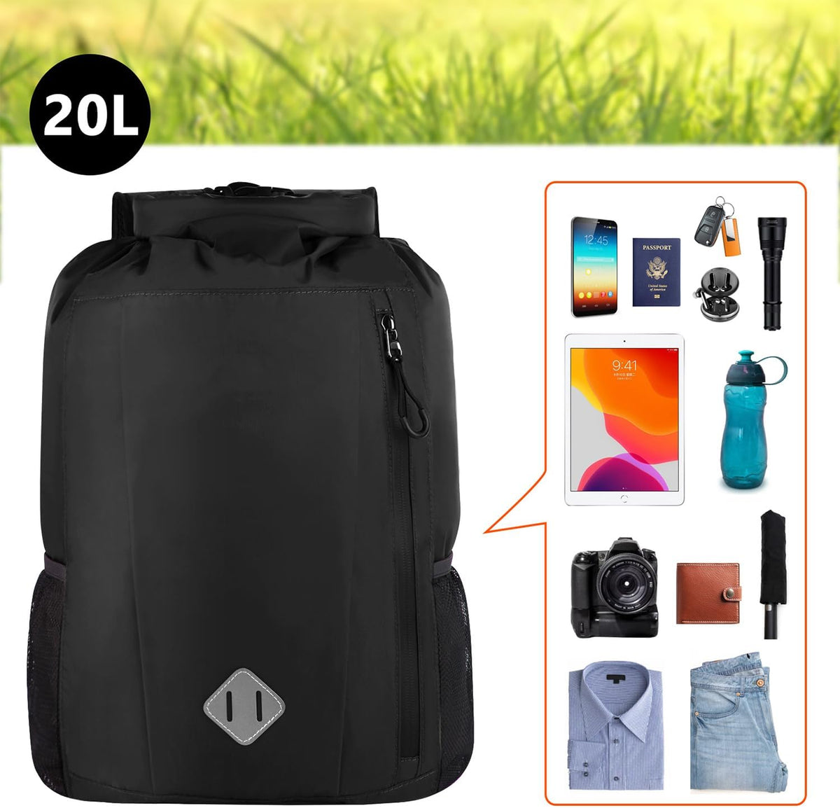 Drybag backpack waterproof, IPX68 100% Waterproof Dry Bag Backpack with Roll-Top Sealed Design, Keeps Gear Dry for Canoe, Kayaking, Water Sports Vacation, Rafting Travel & Surfing (WL005black)