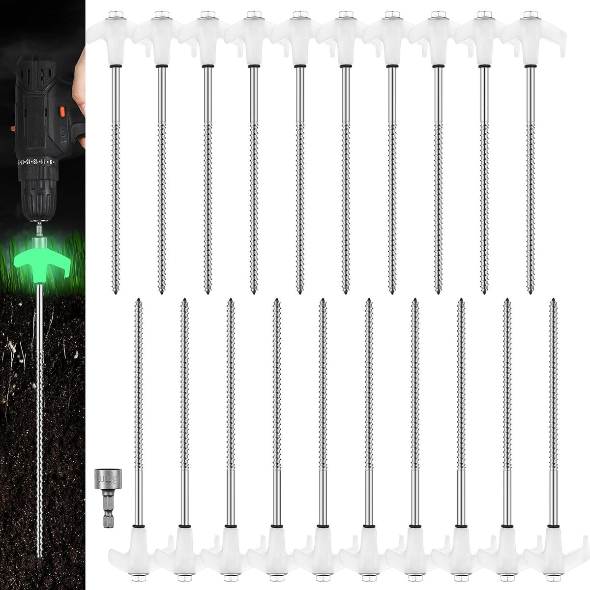 Hicarer 20 Pcs 8" Screw in Tent Stakes Ground Anchors, Luminous White