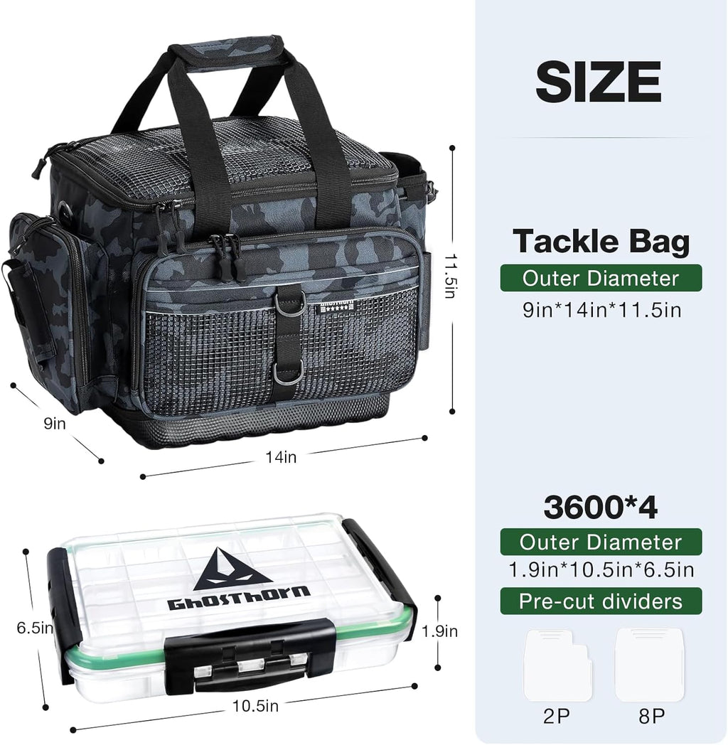 Ghosthorn Waterproof Fishing Tackle Bag with 4 3600 Boxes Lure Organizer