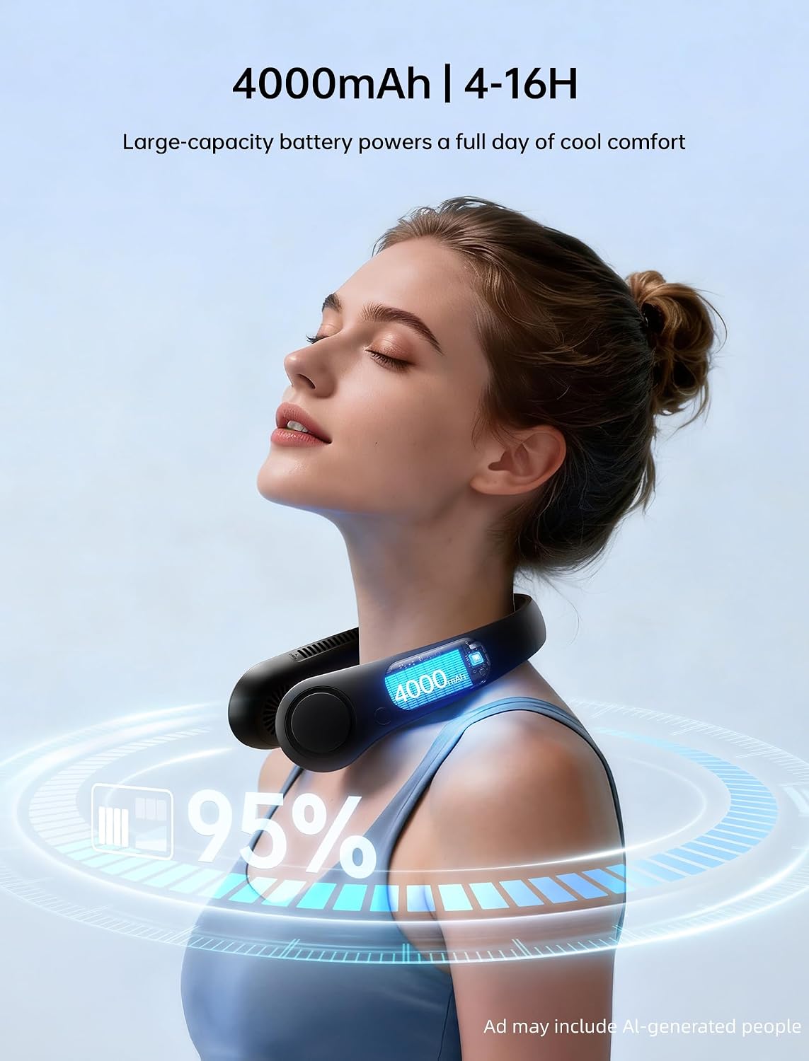 JISULIFE Portable Neck Fan, Hands-Free Bladeless, 5 Speeds, 4000 mAh | Battery Operated Wearable Personal Fan, Twistable, Rechargeable Travel Essentials, Gifts for Women Men-Black