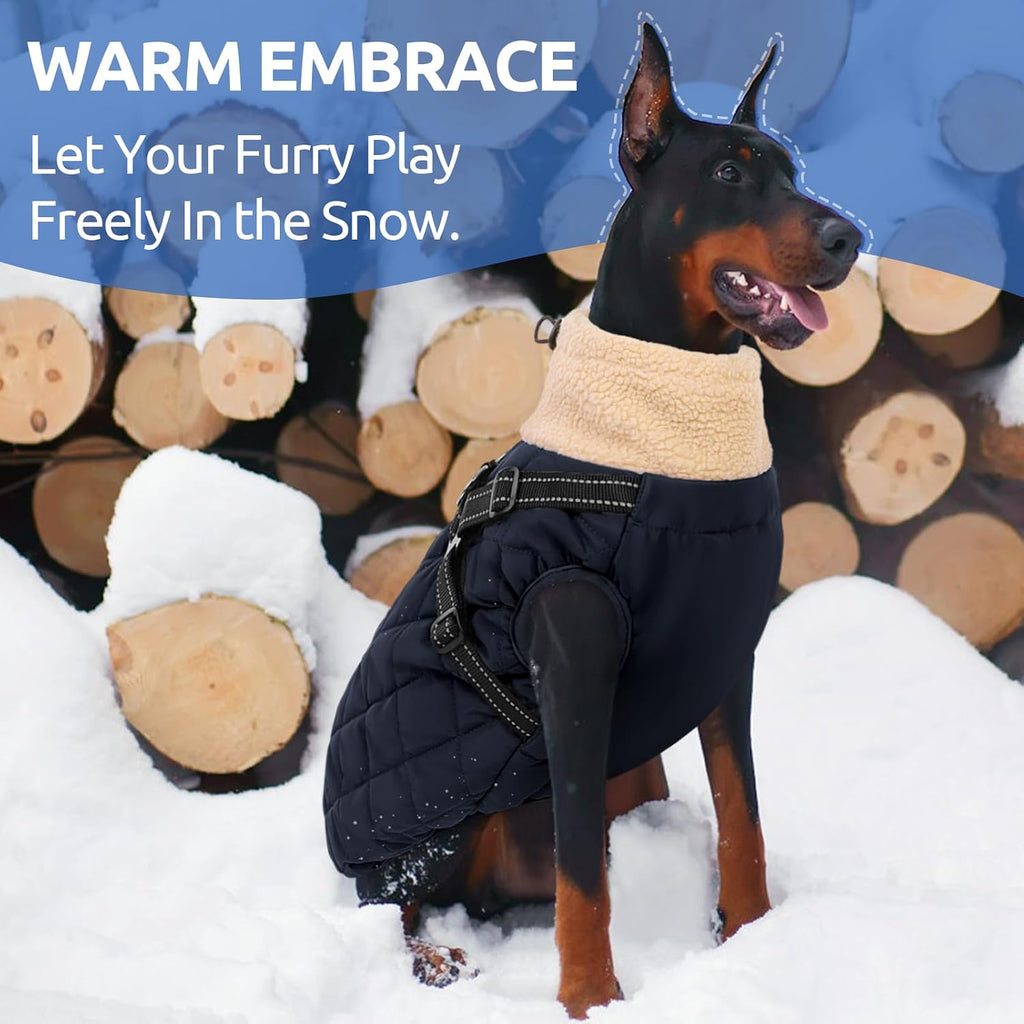 Queenmore Dog Winter Jacket Dog Coats for Large Dogs with Harness Built in