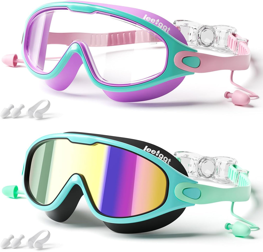 Kids Swim Goggles 2 Pack, Anti-Fog No Leak Swimming Goggles with UV Protection, Wide View Pool Goggles for Boys Girls
