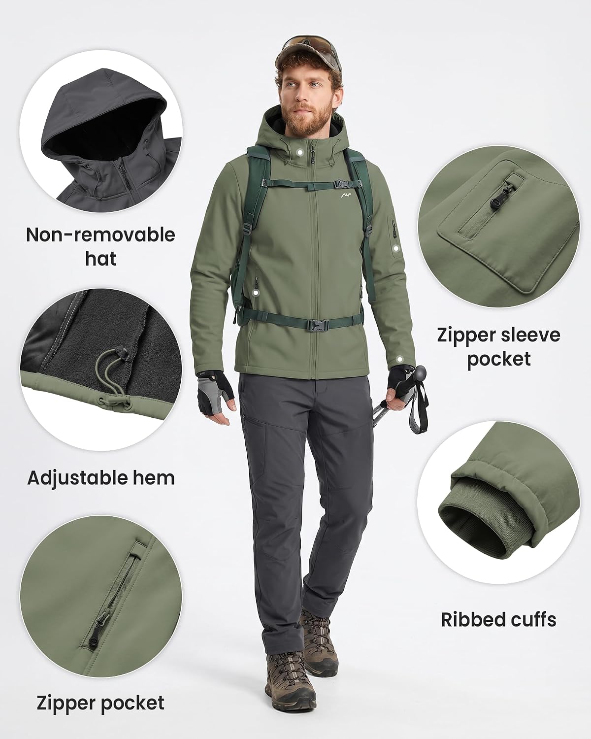 WULFUL Men's Lightweight Softshell Jacket Warm Fleece Lined Windbreaker Waterproof Soft Shell for Outdoor Hiking