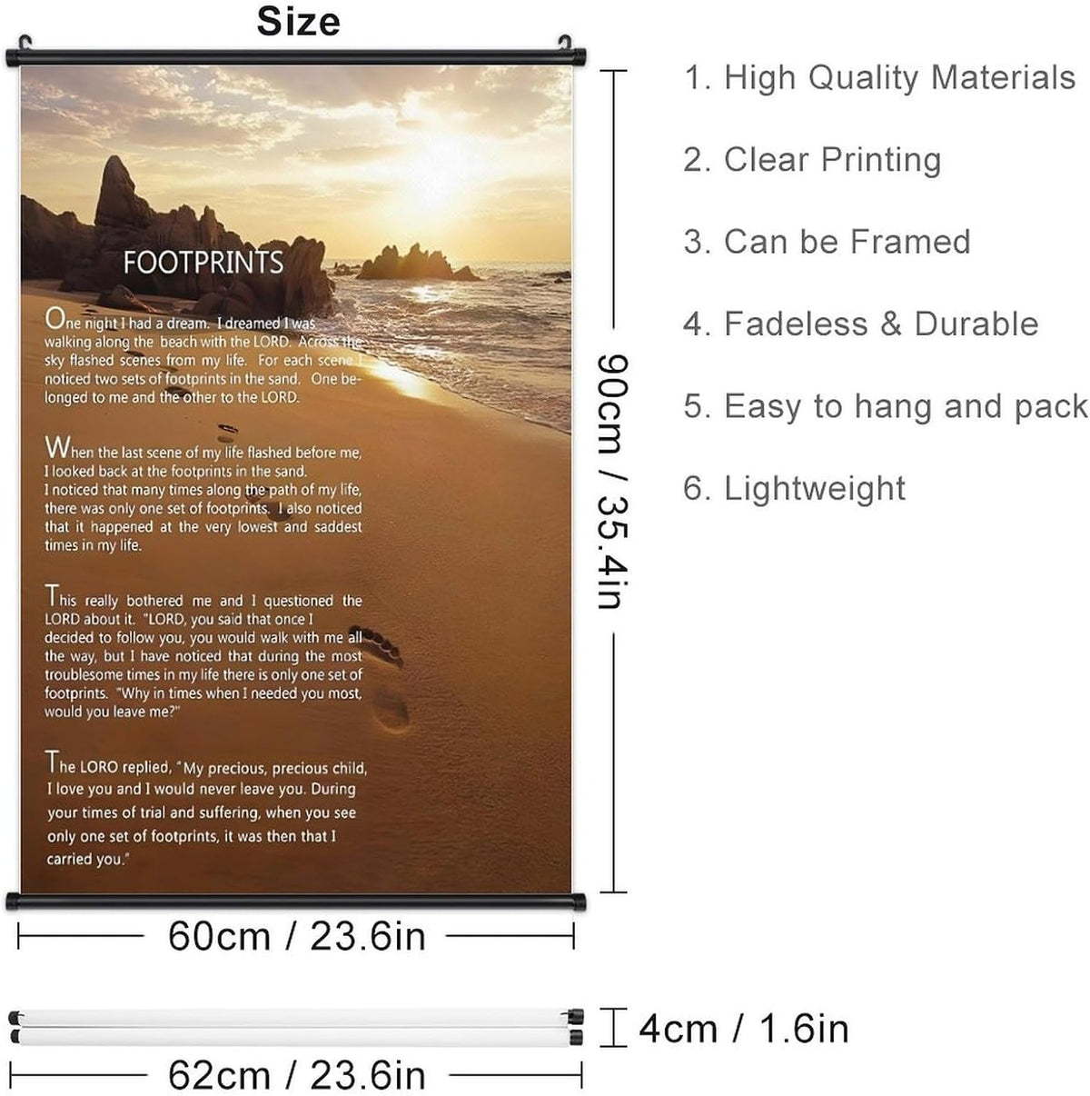 Footprints in the Sand Religious Canvas Wall Art Posters, Inspirational Beach Sunset Poem Print Poster (Black Axis 24x36inch, Footprints(2))