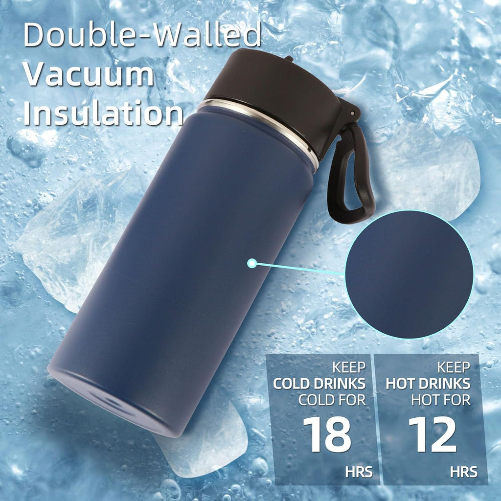 Volhoply 16 OZ Kids Water Bottle Bulk 8 Pack,Insulated Sports Bottles with Straw Lid,Stainless Steel Bottle with Handle Keep Cold & Hot,Double Wall Vacuum Tumbler Cups for School,Girls(Navy, 8)