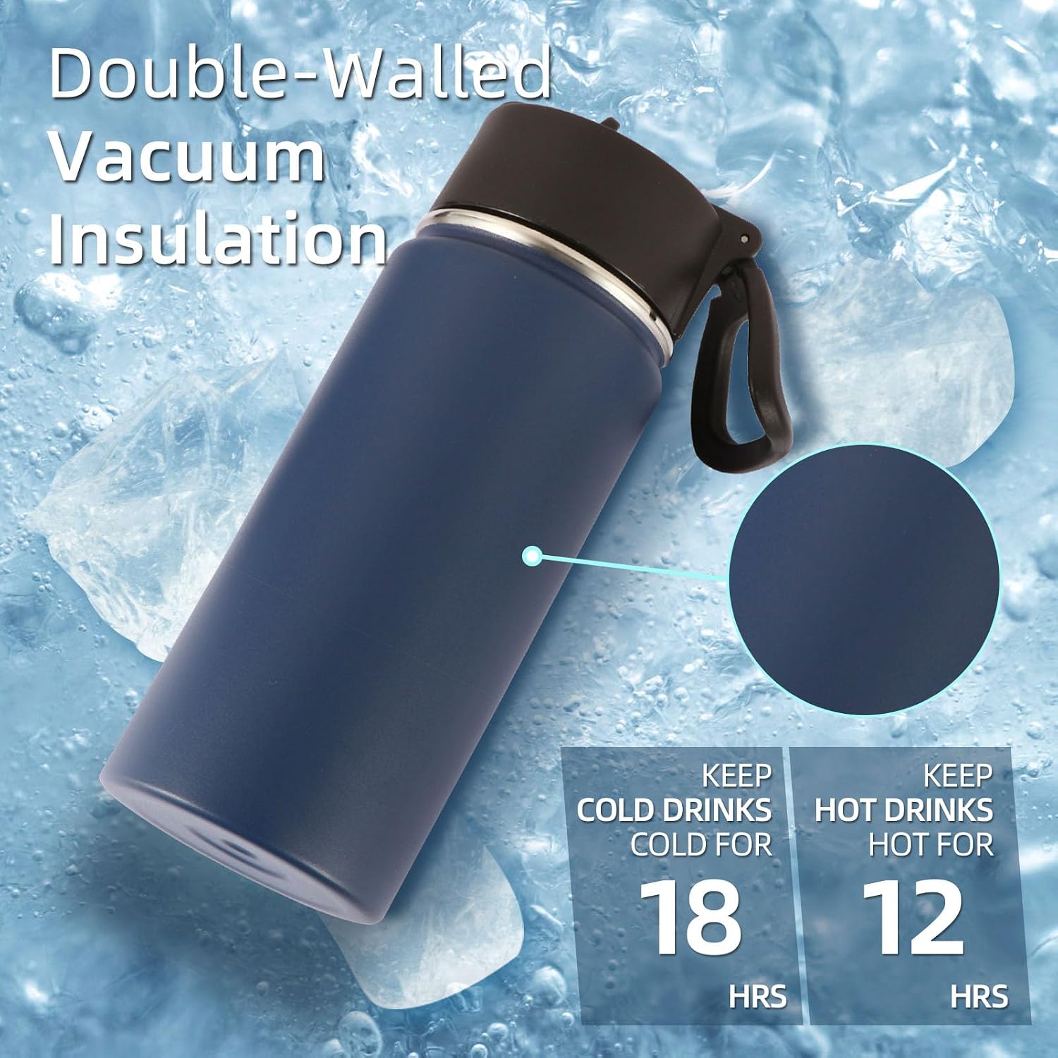 Volhoply 16 OZ Kids Water Bottle Bulk 8 Pack,Insulated Sports Bottles with Straw Lid,Stainless Steel Bottle with Handle Keep Cold & Hot,Double Wall Vacuum Tumbler Cups for School,Girls(Navy, 8)