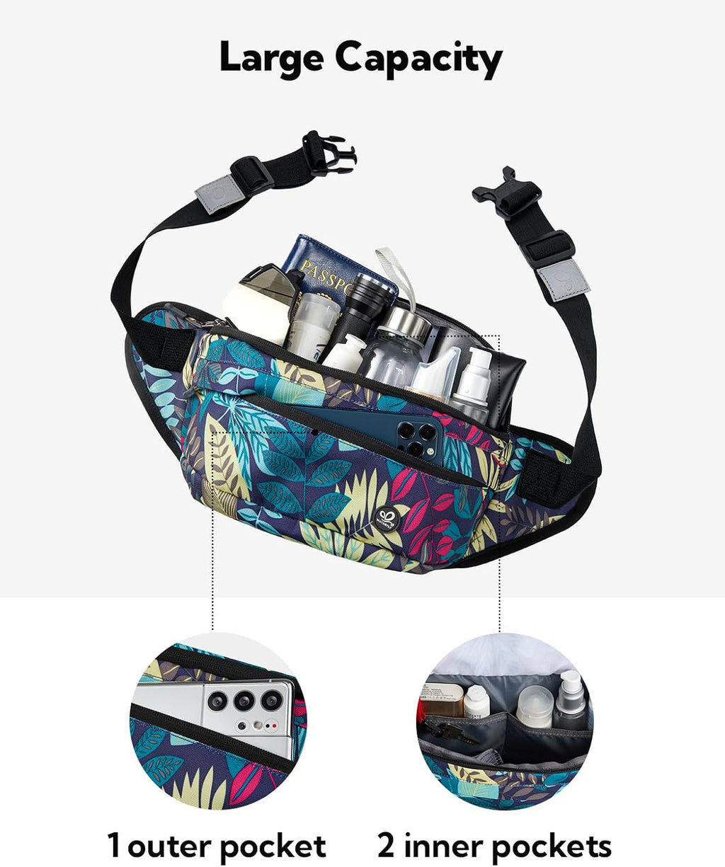 WATERFLY Fanny Pack for Men Women Water Resistant Large Hiking Waist Bag Pack Carrying All Phones for Running Walking Traveling (Black Leaf)