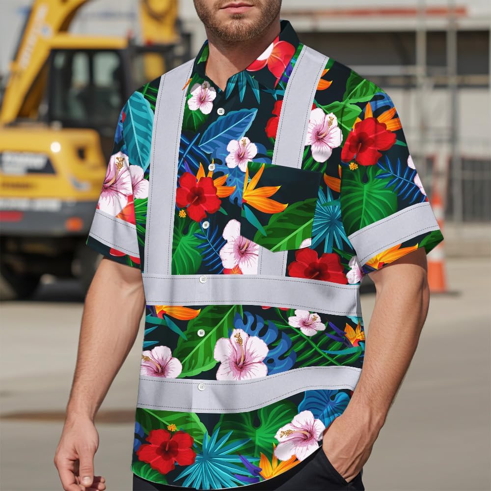 High Visibility Hawaiian Shirt for Men Tropical Shirts Custom Name Floral Outfit Reflective Safety Workwear