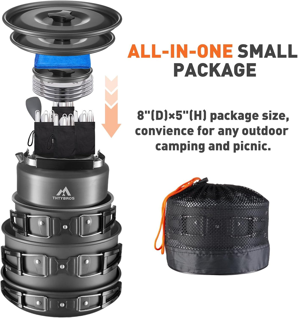 THTYBROS 27pcs Camping Cooking Set for 2-4 People, Portable Cookware Set with Kettle, Pots & Pans, Stainless Steel Utensils, Plates, Dishware for Backpacking, Picnic, Outdoor Adventures