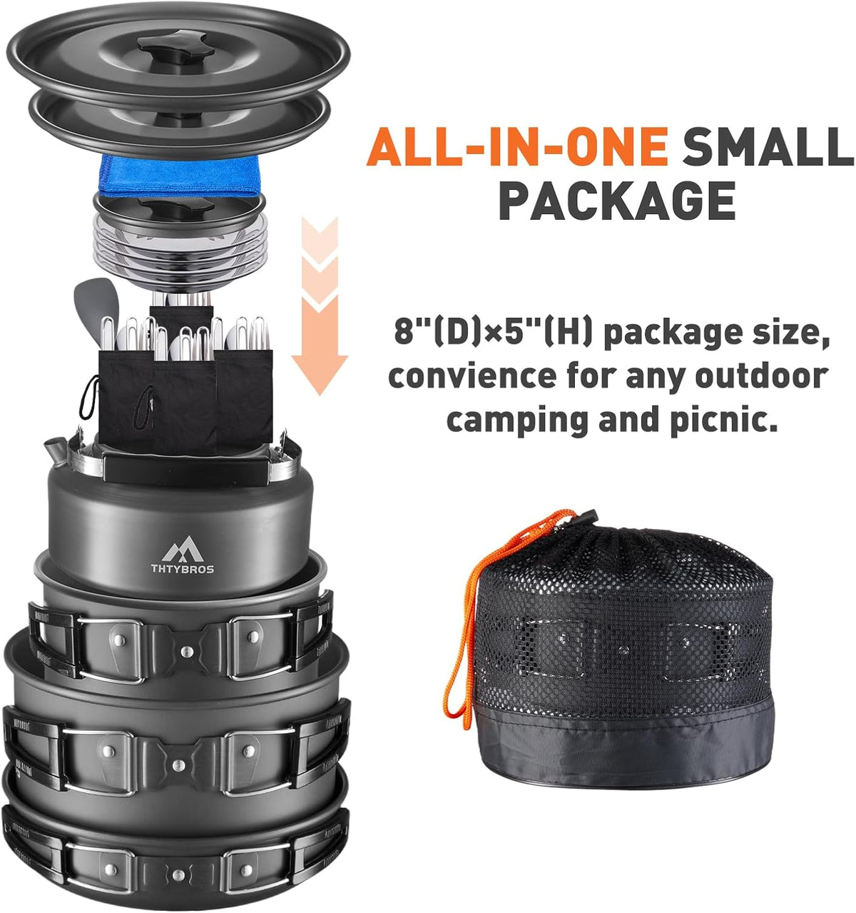 THTYBROS 27pcs Camping Cooking Set for 2-4 People, Portable Cookware Set with Kettle, Pots & Pans, Stainless Steel Utensils, Plates, Dishware for Backpacking, Picnic, Outdoor Adventures