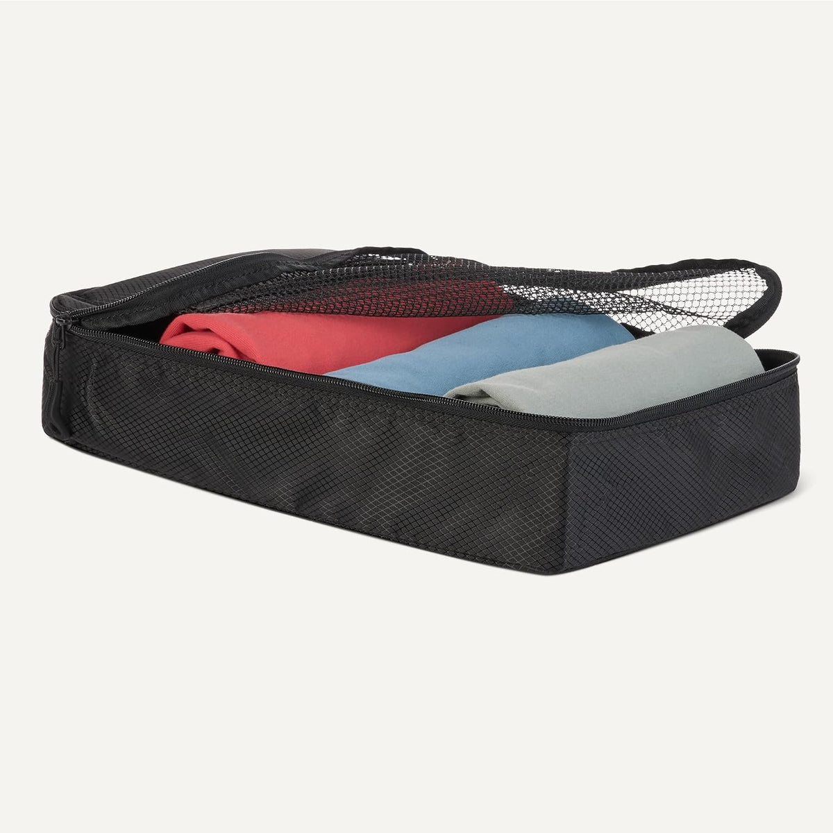 Amazon Essentials 4-Piece Space-Saving Packing Cubes Travel Accessories Set, Luggage Organizer with Double Zipper, Mesh Top, Small/Medium/Large/Slim, Black (Previously Amazon Basics)