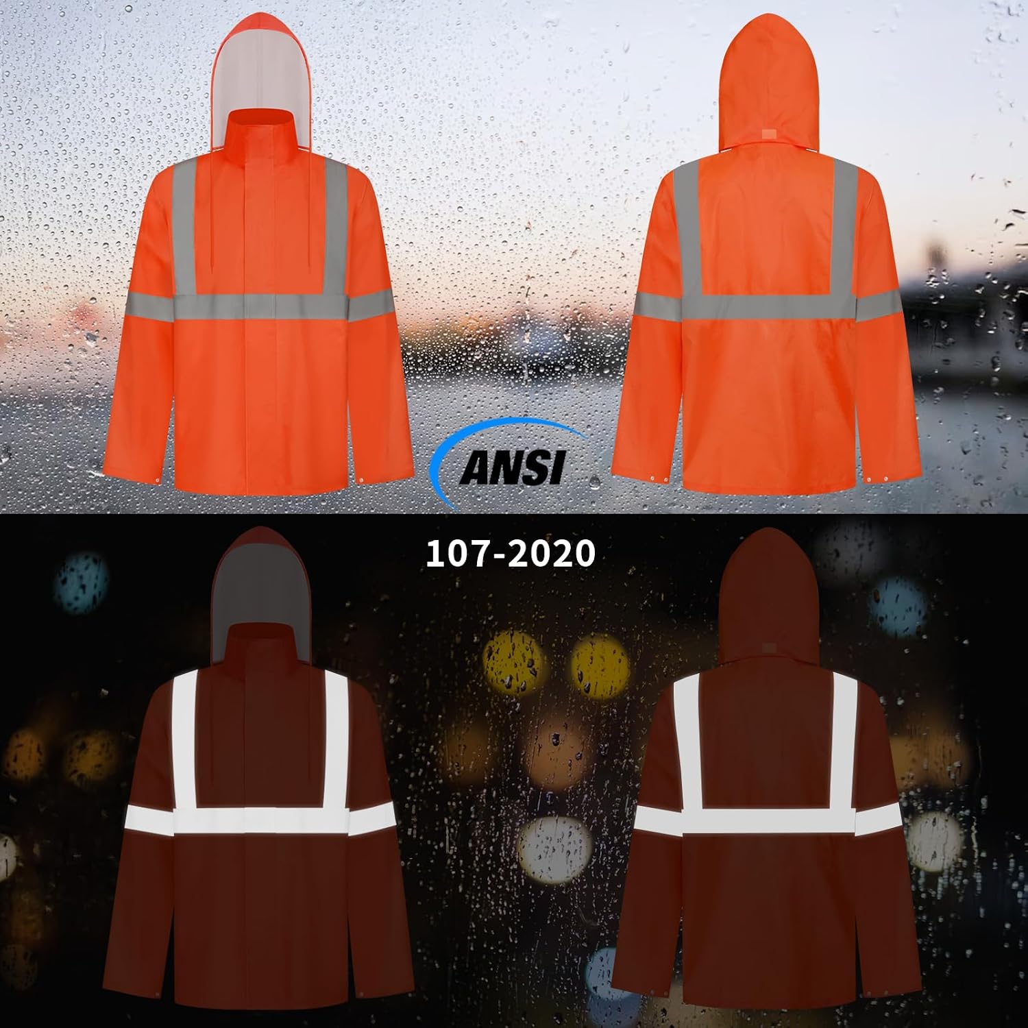 TCCFCCT High Vis Rain Jacket Rain Suits for Men Waterproof, Hi Vis Rain Coat for Men with Hood, High Visibility Rain Gear for Safety Work, Reflective raincoat for Outdoor Activities, S-M Orange NP