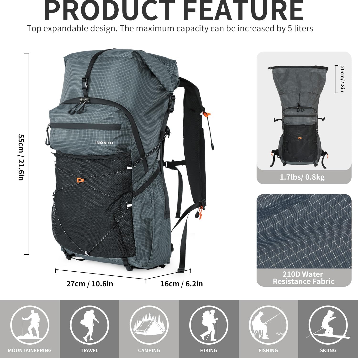 IX INOXTO Hiking Backpack for Men and Women, 30L Waterproof Camping Backpack with 3L Water Bladder and Rain Cover, Lightweight Outdoor Sport Travel Daypack Rucksack for Climbing Cycling (Dark gray)
