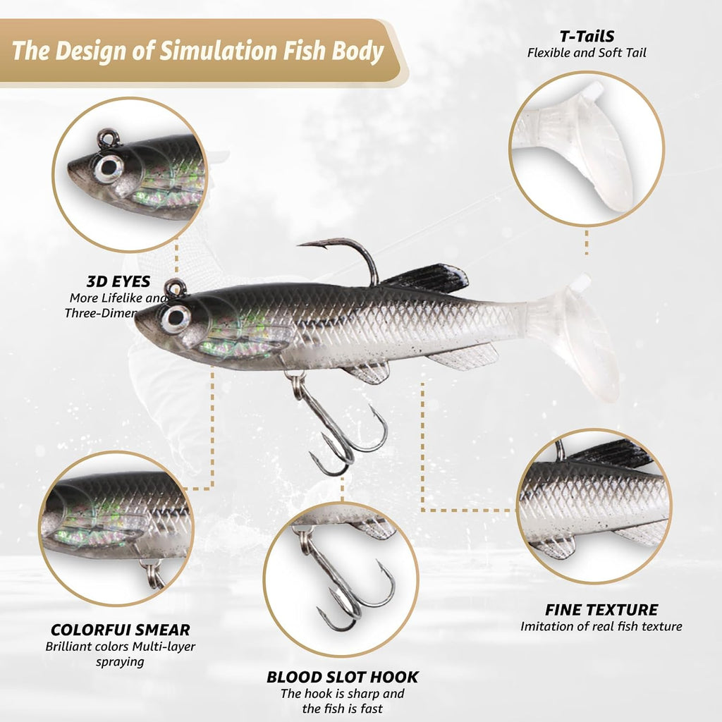 Inmorven Soft Fishing Lures Shad Minnow Swimbaits, Pre-Rigged Jig Head Paddle Tail Swimbaits for Freshwater and Saltwater, Jigs Fishing Bait for Bass Crappie Trout Walleye, Fishing Gifts for Men