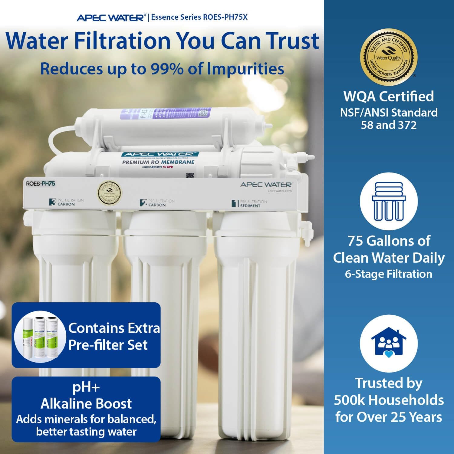 APEC Water ROES-PH75X, 6-Stage Under Sink RO System Alkaline, Extra Filters