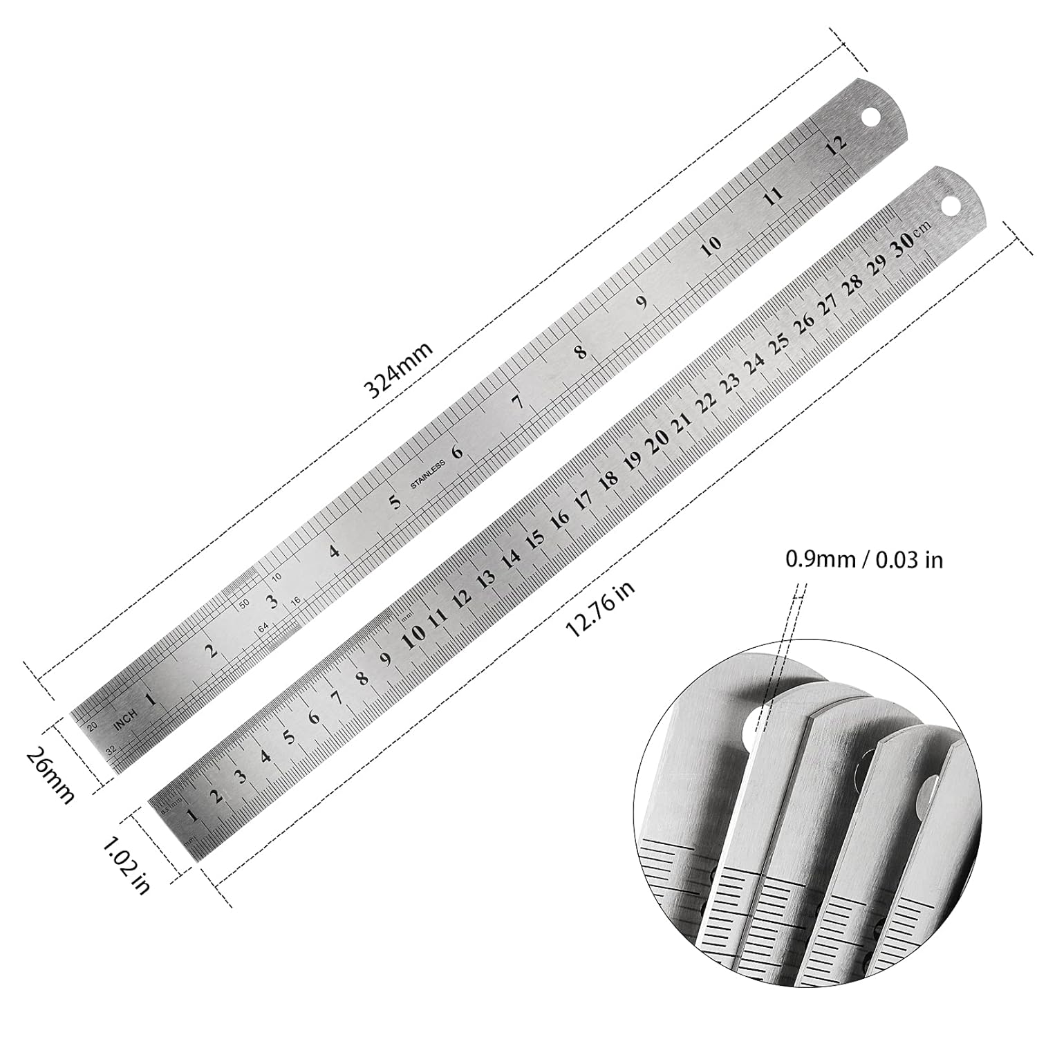 30 Pack 12 Inches Stainless Steel Rulers, Straight Edge Laser Engraved