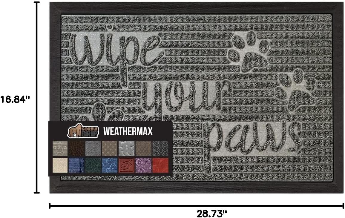 GORILLA GRIP WeatherMAX Door Mat, Indoor Outdoor Use, 29x17, Gray Paw