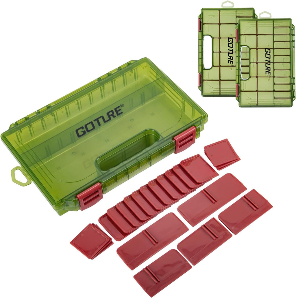Goture Fishing Tackle Box Organizer - Transparent Fishing Organizer Box w/Measurement Ruler, Adjustable Dividers, Dual Latches | 2 Pcs 3600 Tackle Tray| Ergonomic Grip