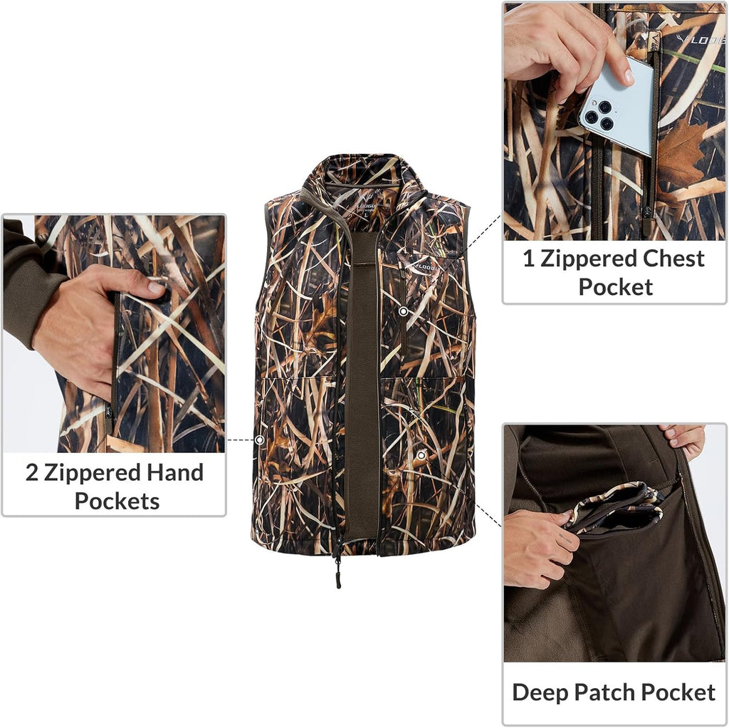 LOOGU Mens Camo Hunting Vest Water-Resistant Sleeveless Jacket with Pockets for Outdoor Fishing Hiking