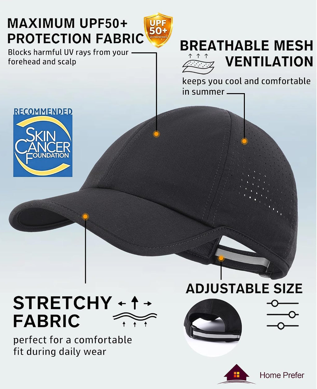 Home Prefer UPF50 Sun Hat for Men Women Reflective Water Repellent Quick Dry Baseball Cap Golf Running Outdoor Sport Hat
