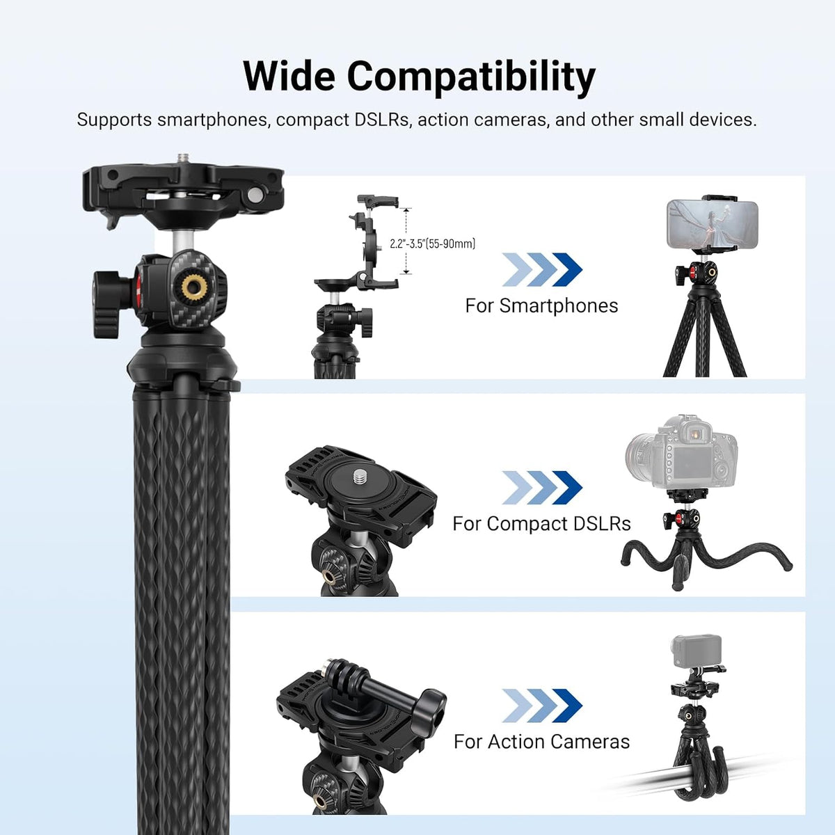 NEEWER Flexible Phone Tripod, Small Mini Camera Webcam Desk Stand, Phone Holder & Action Camera Mount Adapter Compatible with iPhone GoPro DJI Pocket 4 3 Xtra Muse Insta360 for Video Recording, TP34