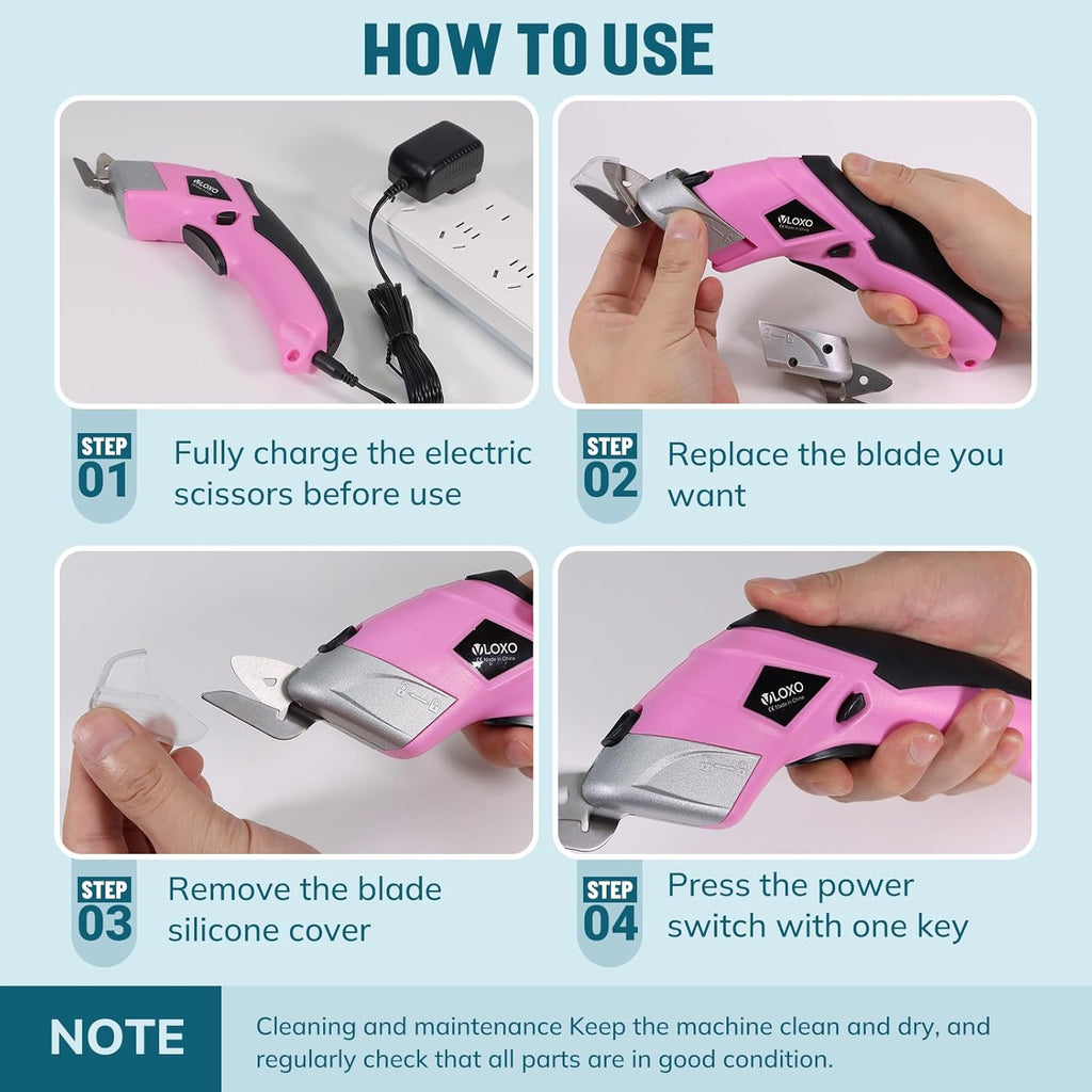 VLOXO Cordless Electric Scissors Cardboard Cutter with 2 Type Blades Rechargeable Powerful Shears Cutting Tool for Fabric Electric Box Cutter Leather Felt with Charger & Storage Box-Pink