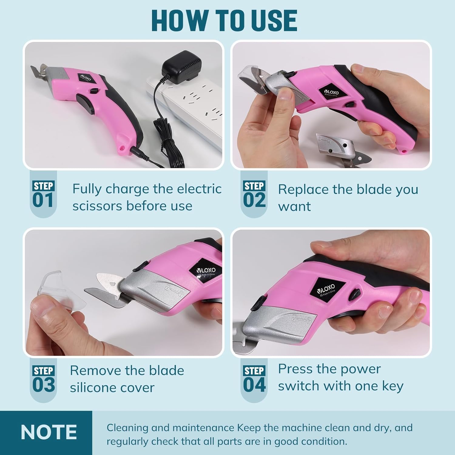 VLOXO Cordless Electric Scissors Cardboard Cutter with 2 Type Blades Rechargeable Powerful Shears Cutting Tool for Fabric Electric Box Cutter Leather Felt with Charger & Storage Box-Pink