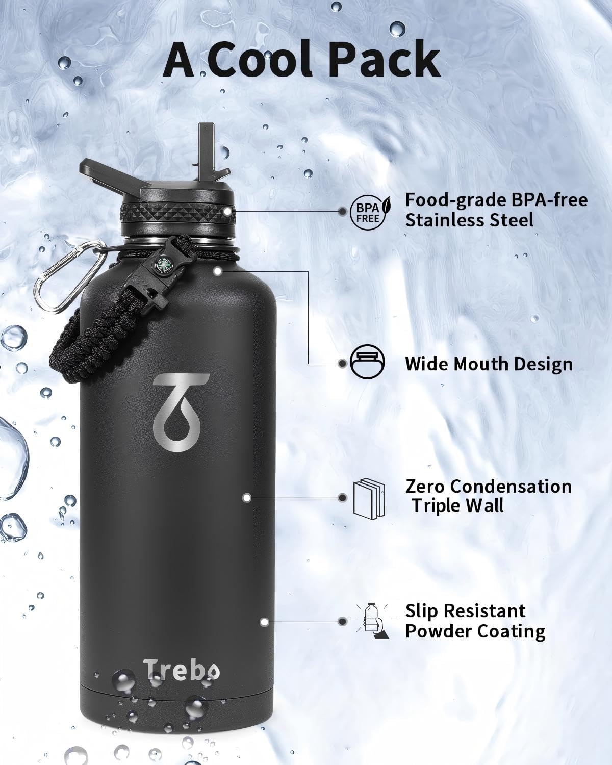 Trebo Water Bottle Insulated 87 oz with with 3 Lids, Paracord Handle & Bag