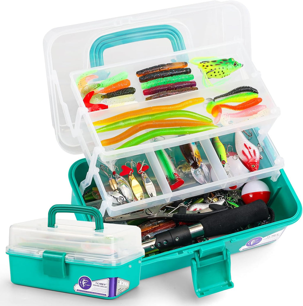 TCMBY 3 Layers Tackle Box with Tackle Included, 321Pcs Fishing Lures Kit Contains Pliers, Crankbait, Hooks, Weights & Accessories, Fishing Gear Bait Lure Gifts for Men Bass Freshwater (Green)