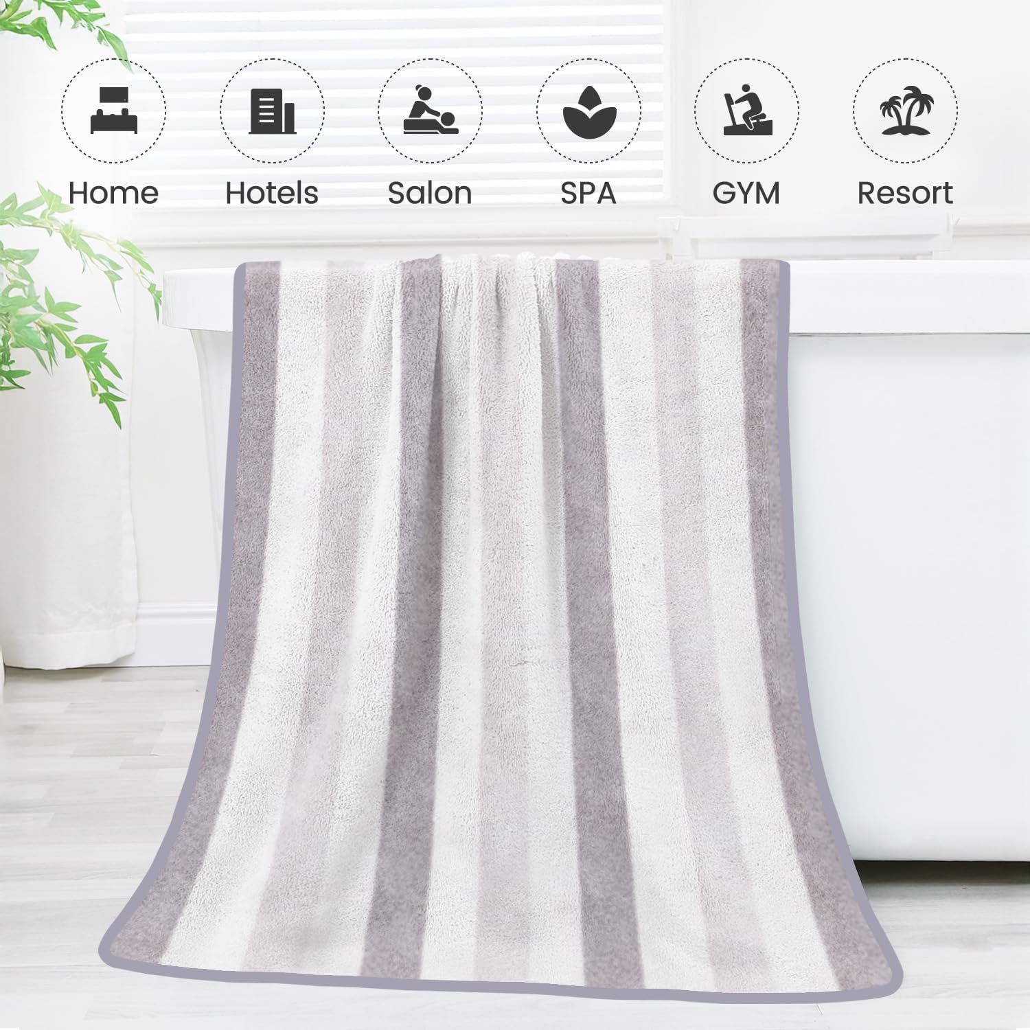 JML Microfiber Bath Towels, 30" x 60", Cabana Stripe Grey, Set of 2