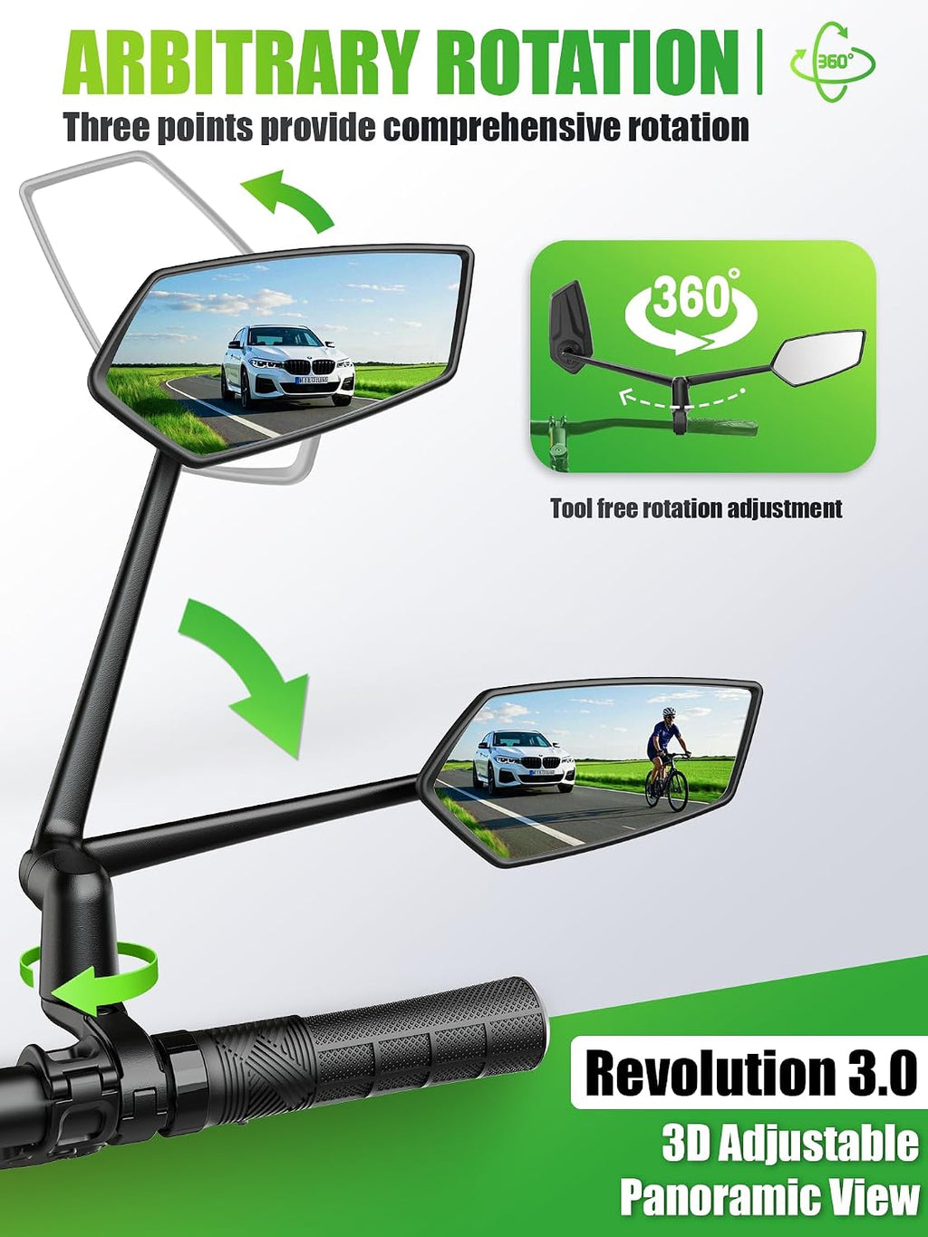 RBRL Bike Mirror, 3D Adjustable Arm for Extended Reach, Aluminum Alloy Anti-shake Bicycle Rearview Mirrors, 360° Panoramic Rearview, Wide Angle Shatterproof & Foldable E-bike Mirror(right)