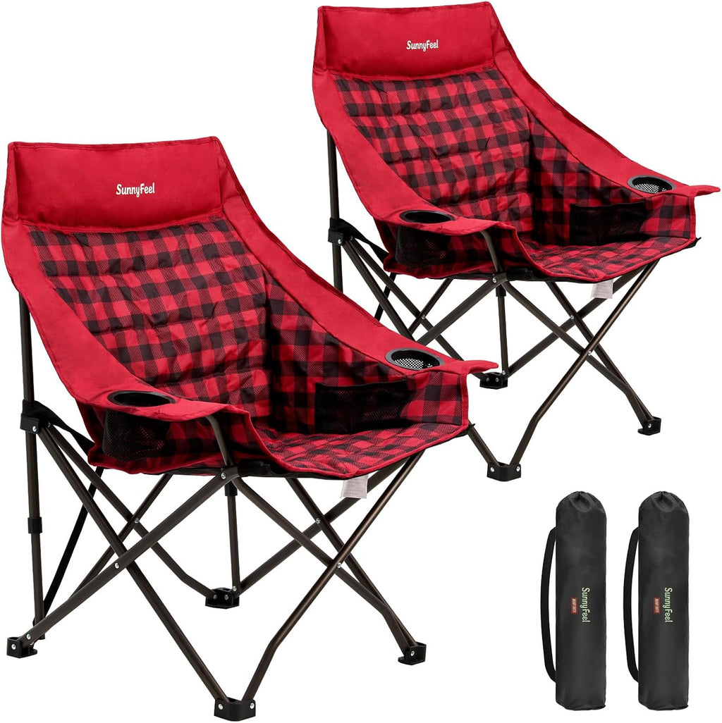SUNNYFEEL Padded Oversized Camping Chairs for Adults, Heavy Duty Portable Folding Chair with Carry Bag, Side Pockets & Cup Holder, Supports 300 lbs, for Tailgating Hiking Picnic Backyard Red