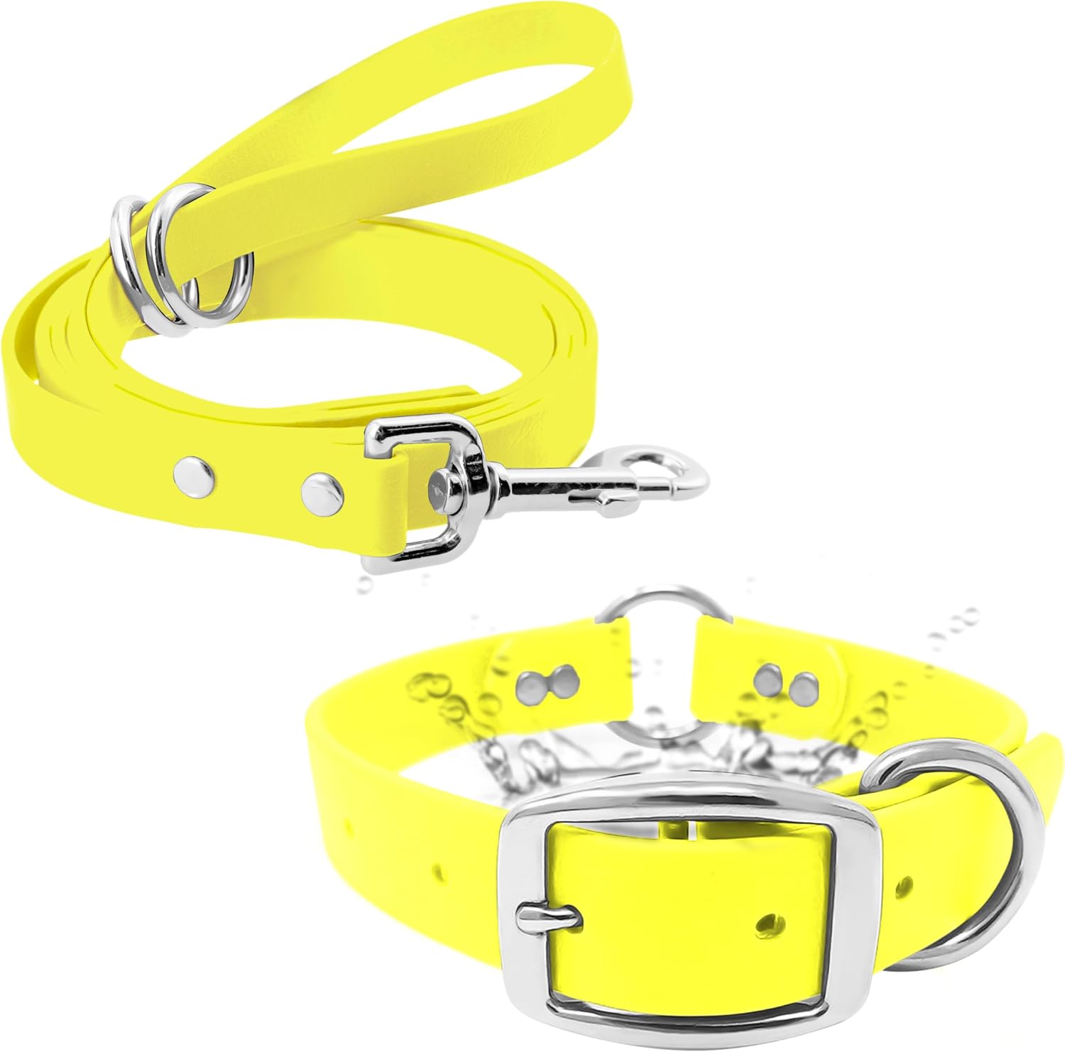 Regal Dog Products Waterproof Dog Collar, Nickel, Small Yellow & Leash
