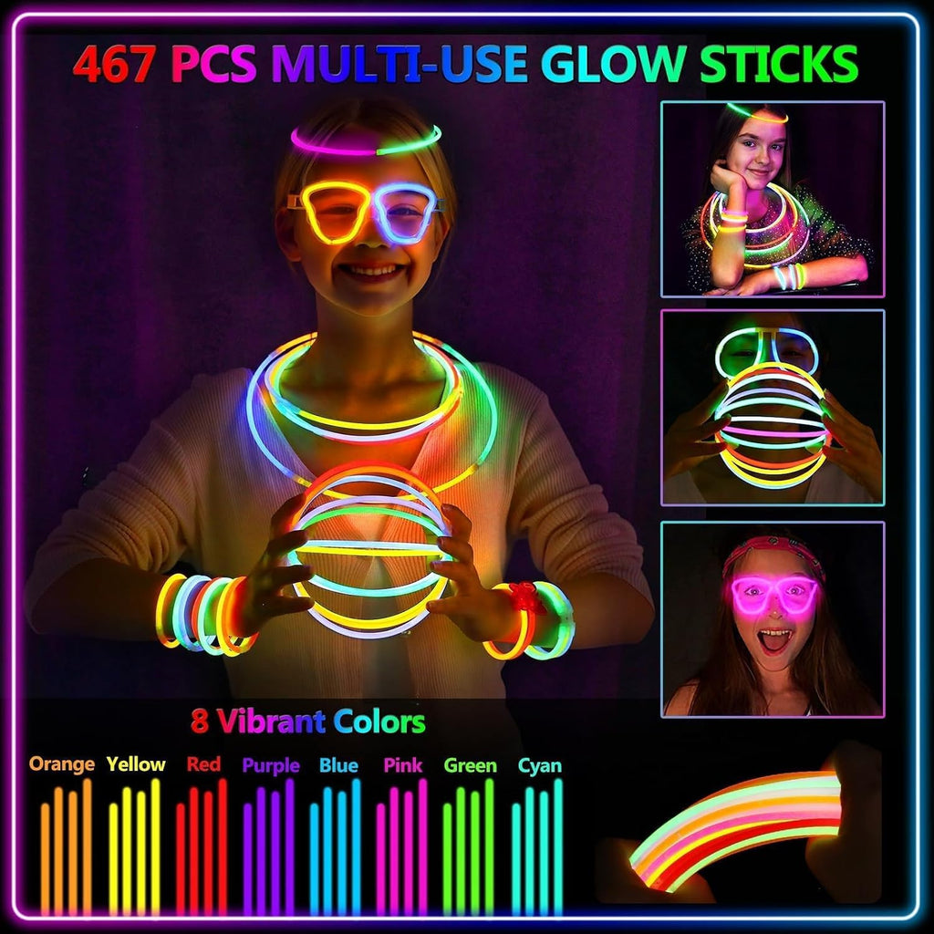BUDI 467Pcs Glow Sticks Party Favors for Kid Adult Halloween Toys Bulk Pack