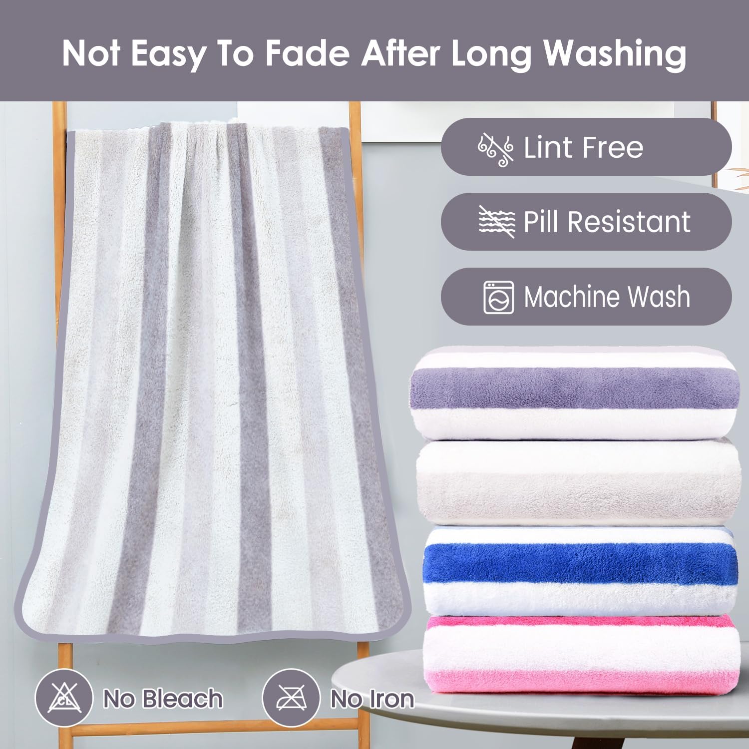 JML Microfiber Bath Towels, 30" x 60", Cabana Stripe Grey, Set of 2