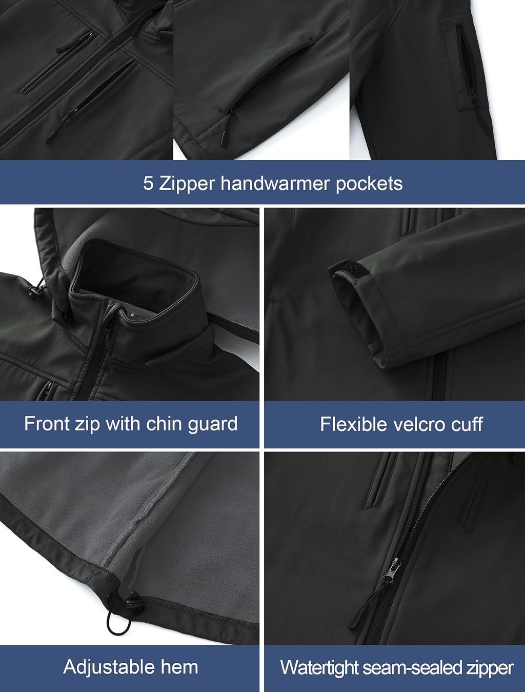 CREATMO US Men's Softshell Military Jacket With Removable Hood, Fleece Lined and Water Repellent Outdoor Reflective Coat