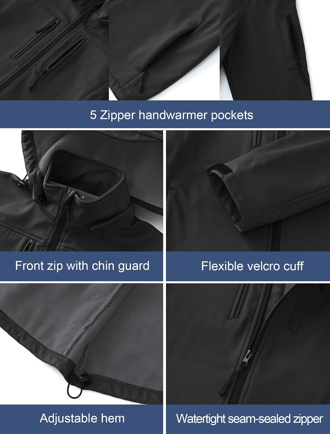 CREATMO US Men's Softshell Military Jacket With Removable Hood, Fleece Lined and Water Repellent Outdoor Reflective Coat