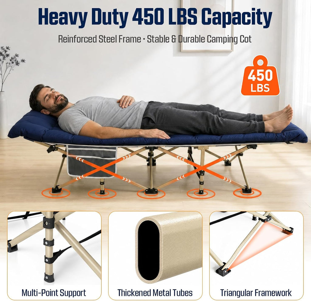 ARAER Camping Cot for Adults, 28in Wide with Mattress (Navy Blue)