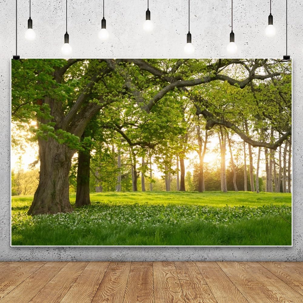 Leowefowa 5x3ft Spring Backdrop Rural Forest Trees Backdrops for Photography Blooming Flowers Green Grassland Nature Vinyl Photo Background Kids Adults Outdoor Travel Portraits Studio Props