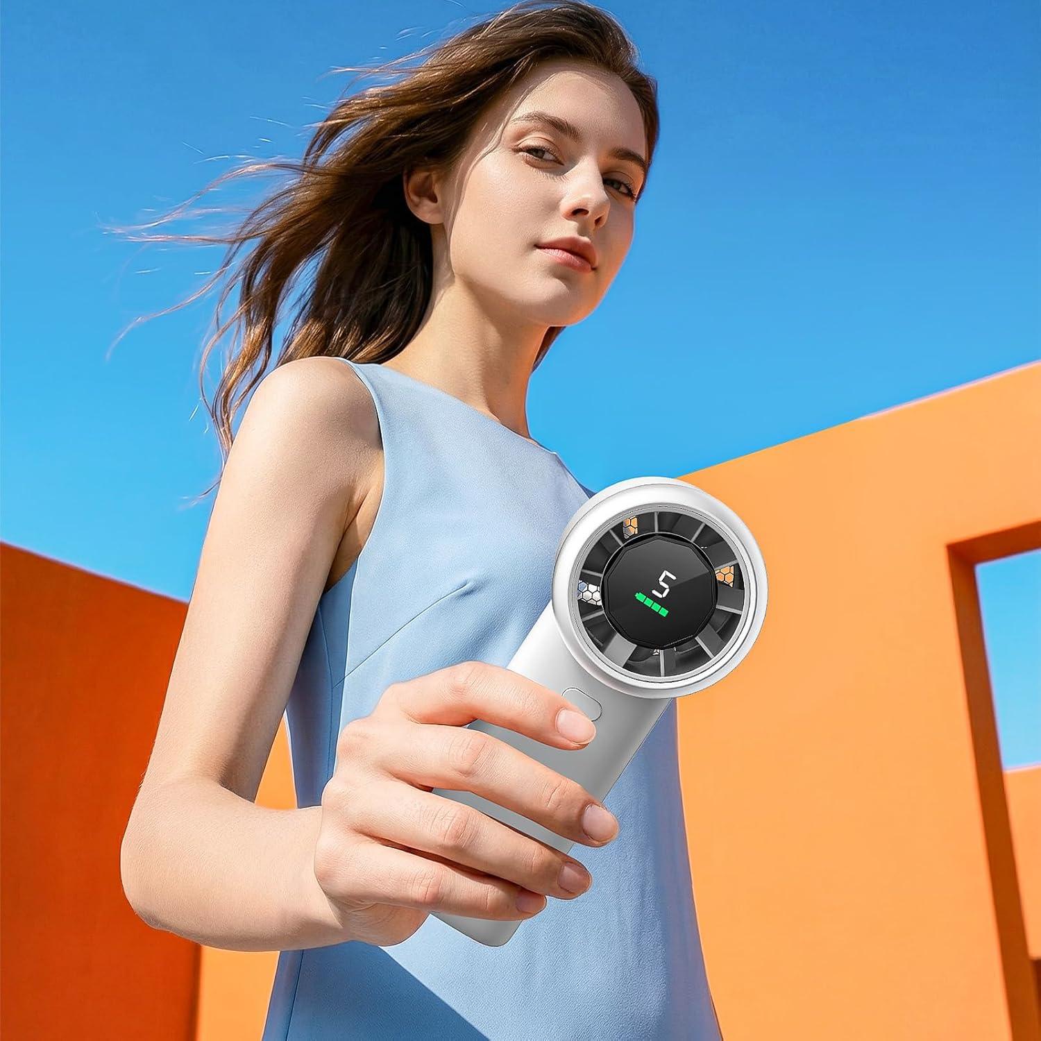 WHATOOK Portable Handheld Turbo Fan, 5 Speeds Mini Personal Fan with 4000mAh Rechargeable Battery, Small Pocket Fan for Travel Essentials, Beach, Office, Gifts for Women Men - Off White