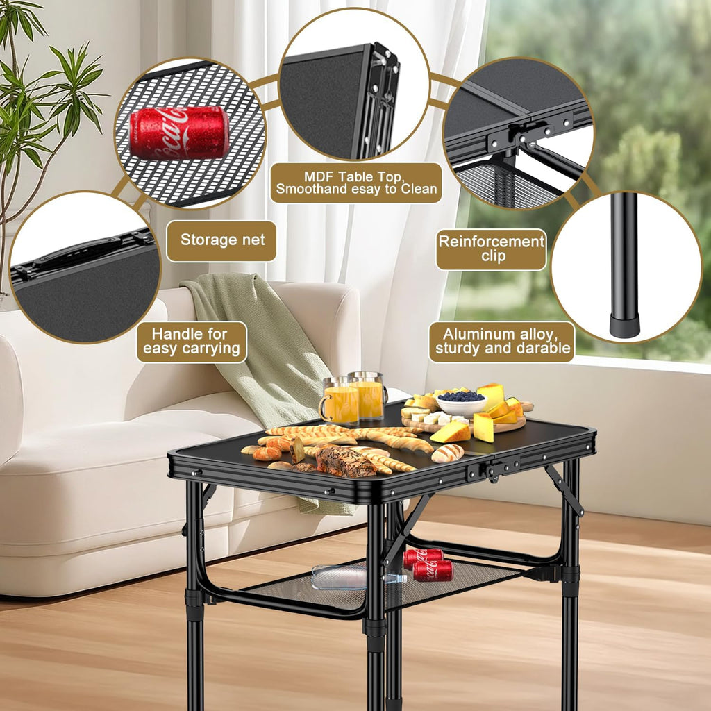 Folding Camping Table, 2 FT Folding Portable Camping Table, Outdoor&Indoor Picnic Table with 3 Adjustable Height Max 27.1",Lightweight Aluminum Camping Tables, Car Camping Essentials-Pure Black