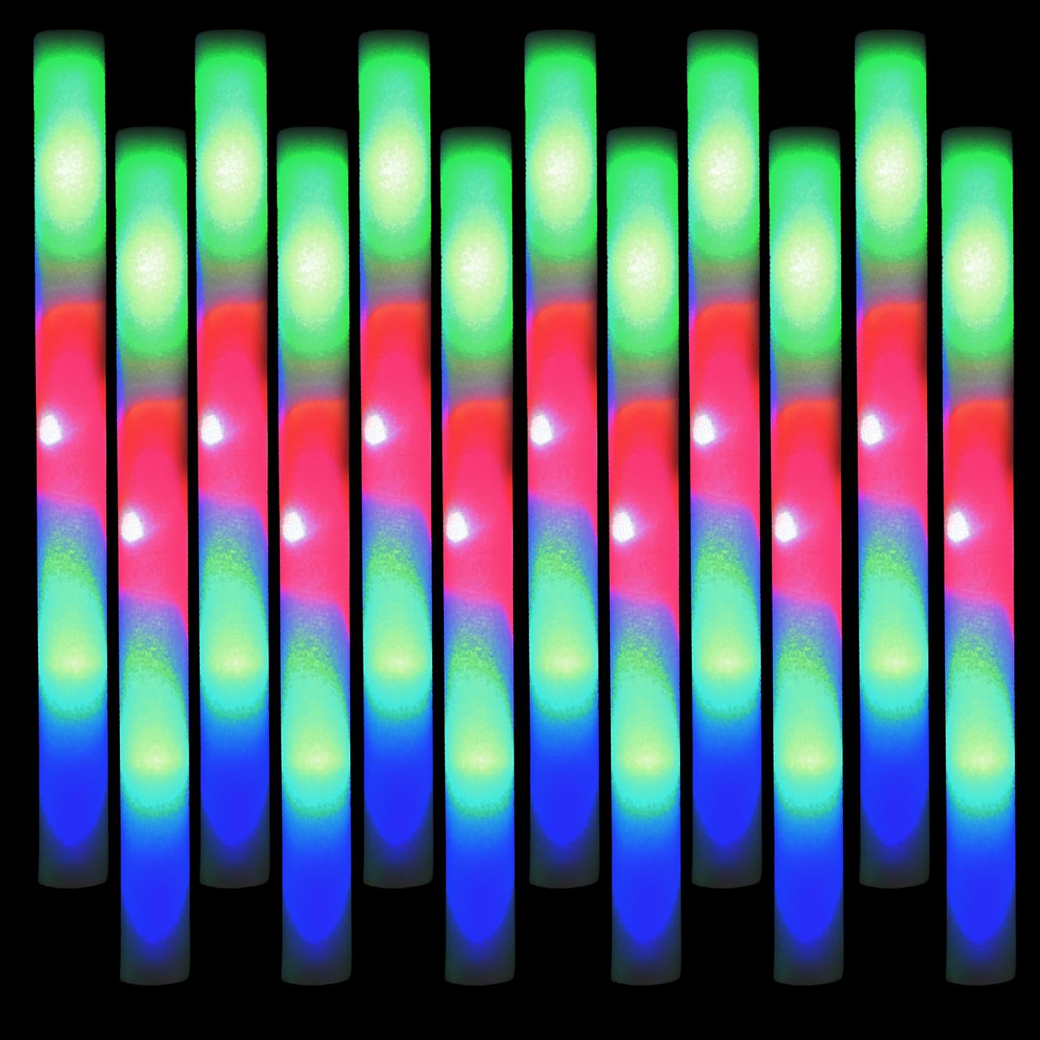150 LED Foam Light Sticks - Batons & Wands for Wedding, Birthdays, Concerts & Festivals - 3 Color Lighting Modes - Batteries Included