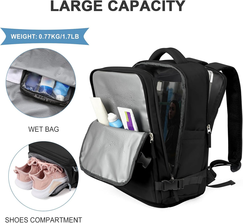 coowoz Travel Backpack For Women Men,Carry On Backpack,Hiking Backpack Waterproof Outdoor Sports Rucksack Casual Daypack Travel Essentials(Black) 25L